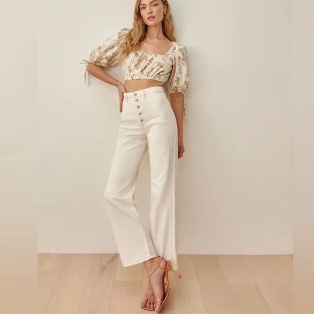 Reformation Cream High-Rise Wide Leg Jeans